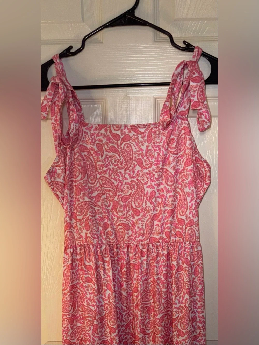 Pink Paisley Tie Shoulder Ruffle Maxi Dress